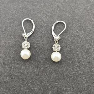 Silver Tone Pearl & Crystal Dangle Drop Earrings Minimalist Contemporary Glam